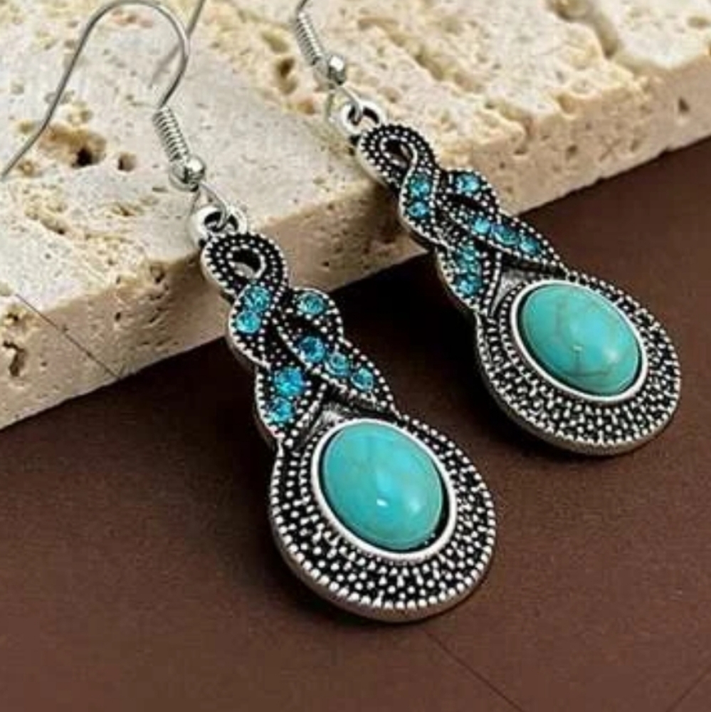 Blue Rhinestone Inlaid Turquoise Drop Earrings Original Design - Picture 3 of 3